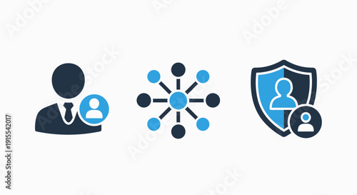 User access and network security icons: profiles, connected nodes, and protected user within a shield