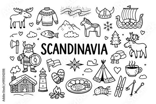 Hand drawn doodle set of Scandinavia travel elements and Nordic culture icons