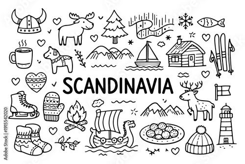 Hand drawn doodle set of Scandinavia travel elements and Nordic culture icons