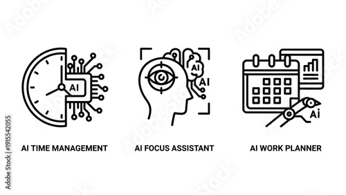 AI icons for time management, focus assistant, and work planner, suggesting intelligent automation for productivity, efficiency, and task organization.
