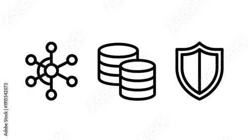 Set of three line icons representing data network, database, and security shield, symbolizing connectivity, storage, and protection in technology.