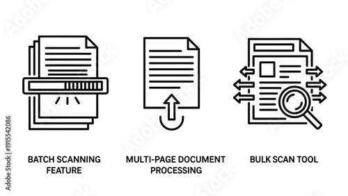 Icons for batch scanning, multi-page document processing, and bulk scan tool, representing efficient document management and data entry solutions.