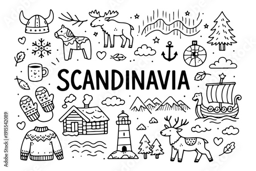 Hand drawn doodle set of Scandinavia travel elements and Nordic culture icons