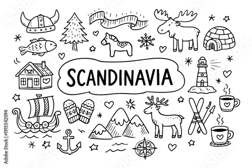 Hand drawn doodle set of Scandinavia travel elements and Nordic culture icons