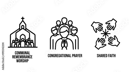 Religious icons for communal worship, congregational prayer, and shared faith, depicting church, praying people, and helping hands.