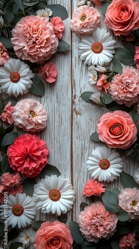 Abundant arrangement of pink, white, and red blossoms frames a rustic light wooden panel