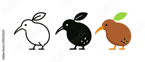 Minimalist kiwi bird icons with leafy details in three styles