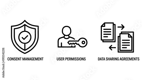 Set of simple line icons representing data management, user access control, and secure information sharing for technology and business concepts.