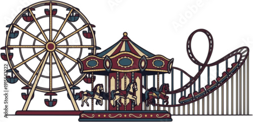 Vibrant amusement park scene featuring a large Ferris wheel, a traditional carousel with horses, and a thrilling roller coaster.