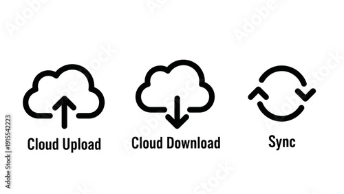 Cloud computing icons illustrating upload, download, and sync functions, representing data transfer and synchronization in digital systems.