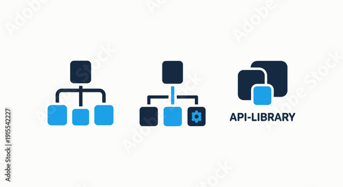 Technical icons illustrating hierarchical structure, configuration settings, and API library, representing software development and system architecture.