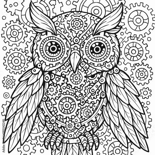 Mechanic owl illustration with gears, line art design and intricate details