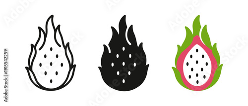 Dragon fruit icon set: outline, solid, and colorful styles