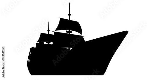 Silhouette of a classic sailing ship with multiple masts and sails.