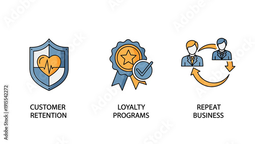 Colorful icons symbolizing customer retention, loyalty programs, and repeat business, representing business growth and client relationships.