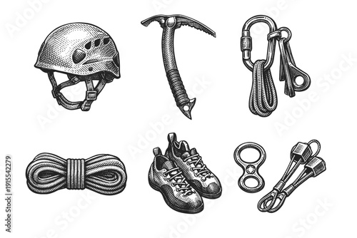 Vintage hand drawn rock climbing gear and mountaineering equipment in engraving style