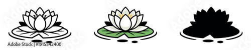 White water lily on a green lily pad floating in water, shown in line art, colored vector, and black silhouette formats.