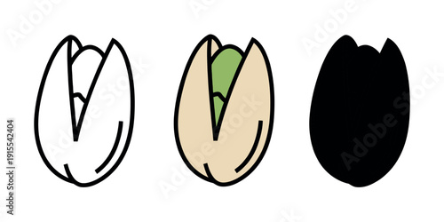 Pistachio nut icons showing the shell and green kernel in outline, flat color, and black silhouette formats.