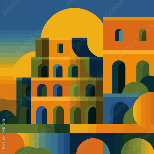 Ancient Rome Colosseum arches minimalist flat design. Colosseum arches depicting Roman architecture in a vibrant, modern flat graphic illustration style