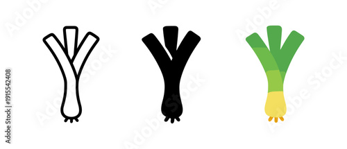 Leek icon set: outline, solid, and colorful versions on white background