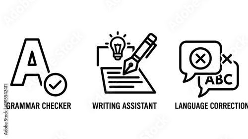 Black Outline Icons for Writing Assistance Software: Grammar Checker, Creative Writing Assistant, and Language Correction Tools