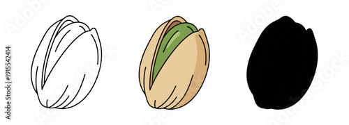 Set of pistachio nut icons in line art, flat color, and black silhouette styles. Minimalist food vector isolated on white background.