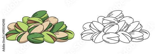 Illustration of a pile of pistachios in color and line art versions. Hand-drawn style healthy snack group isolated on white.