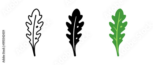 Stylized arugula leaf trio in black and white and color