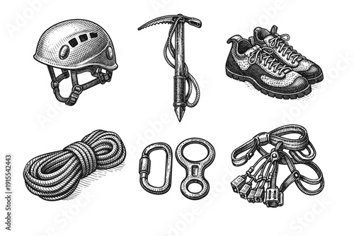 Vintage hand drawn rock climbing gear and mountaineering equipment in engraving style