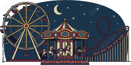 Spooky Halloween Carnival Night Scene with Ferris Wheel and Merry Go Round Vector Illustration