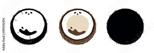 Three coconut half icons: line art, realistic color, and black silhouette. Tropical fruit vector design elements for food branding.