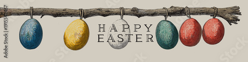 Happy Easter text with hanging eggs on branch greeting card. Colorful patterned Easter eggs hanging from a branch celebrating the holiday season