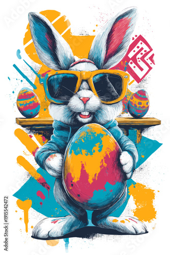 Cool cartoon rabbit wearing sunglasses holding Easter egg poster. Cartoon rabbit wearing sunglasses holding a colorful graffiti-painted Easter egg with traditional food