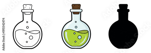 Toxic green potion bottle icons in three styles: outline, color, and black silhouette. Fantasy laboratory glass flask vector.