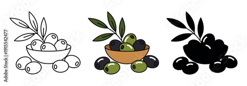 Bowl of mixed green and black olives with an olive branch. Culinary illustration set in line art, color, and silhouette.