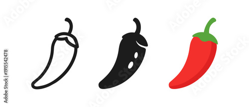 Minimalistic chili pepper icons in linear, solid, and color styles
