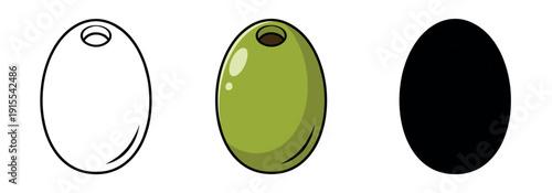 Stylized green olive illustration with highlight and pit detail. Set of three styles: outline, color, and solid silhouette.