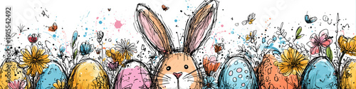 Easter bunny holding decorated eggs and spring flowers wallpaper. Whimsical Easter bunny holding colorful decorated eggs and spring flowers in hand-drawn doodle style