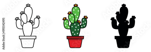 Prickly pear cactus in a red pot with small flowers. Desert plant icon set in line art, color, and black silhouette.