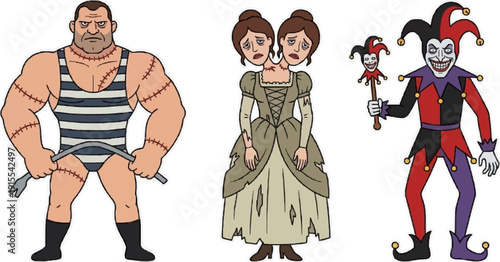 Halloween Carnival Characters Icon Set - Vintage Witch Clown and Spooky Figures Vector Illustration