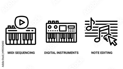 Icons for music production: MIDI sequencing keyboard, digital instrument synthesizer, and cursor editing a musical note on a staff.