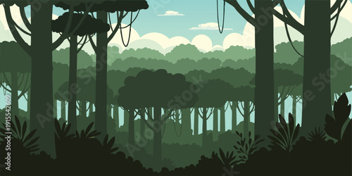 Calm river flowing through lush forest landscape in flat design. Ideal for travel posters, natural scenery, relaxation themes, and environmental artwork.