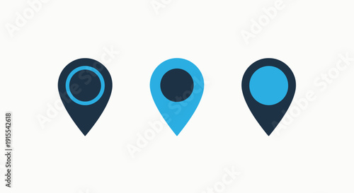 Three location pin icons in dark blue and bright blue, suggesting navigation, search, and destination on a clean white background.