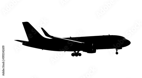 Silhouette of a commercial airplane in flight against a white background.