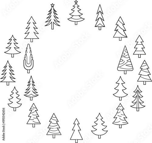 Hand drawn Christmas tree circle frame minimal doodle winter forest wreath outline vector for holiday greeting card and decoration