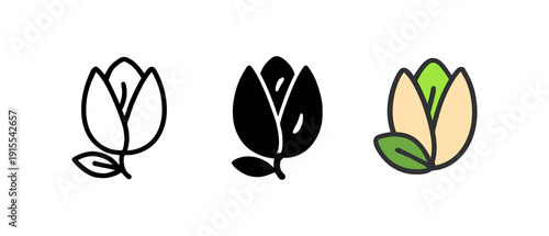 Three stylized flower bud icons: outline, silhouette, and filled color variations
