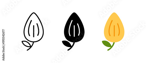 Almond icons set featuring line, solid, and color variations on white background