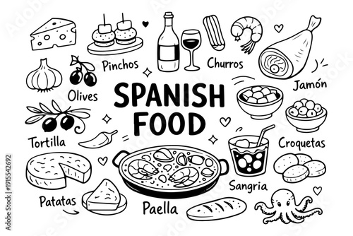 Hand drawn doodle set of traditional Spanish food and Mediterranean cuisine icons