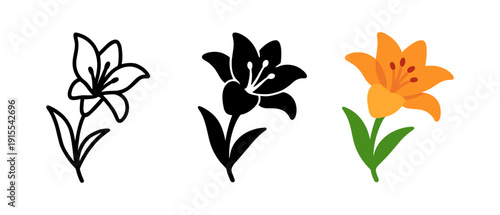 Lily flower designs: outline, silhouette, and color variations