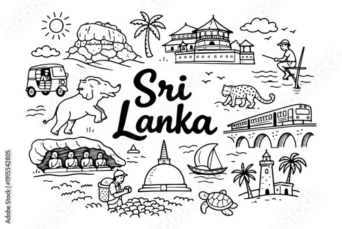 Hand drawn doodle set of Sri Lanka travel landmarks and traditional culture icons